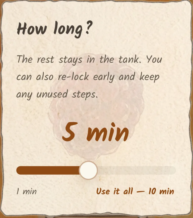 Choosing how long to melt the amber for: a slider set to 5 minutes, between 1 minute and use it all at 10, above a note that the rest stays in the tank and you can re-lock early to keep unused steps.