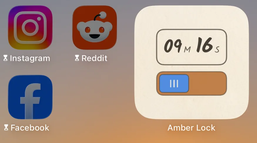 A home screen with Instagram, Reddit and Facebook each marked with a restriction hourglass, beside the Amber Lock widget counting down 9 minutes 16 seconds.