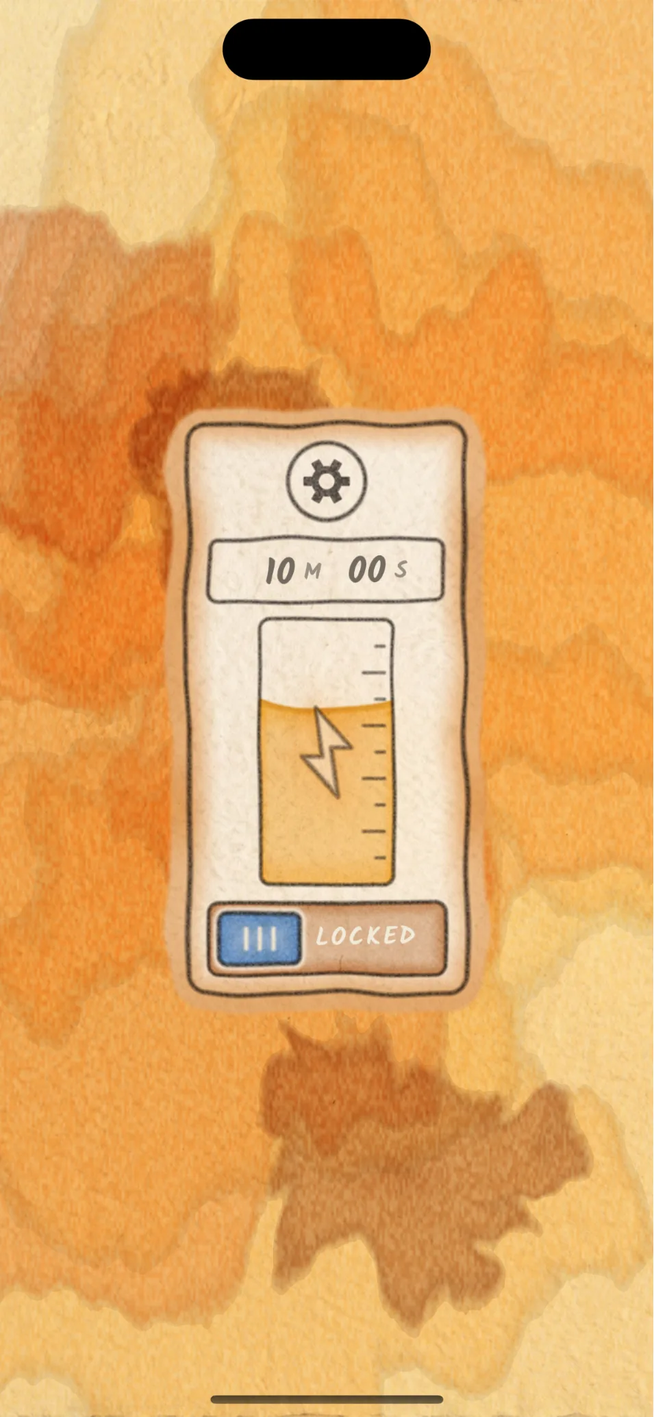 The Amber Lock home screen — a watercolour amber field around a tank of banked time, a 10 minute 00 second readout, and a slider held at LOCKED.