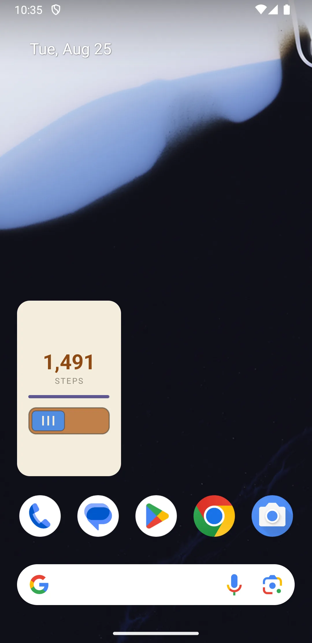 The Amber Lock widget on an Android home screen, showing 1,491 steps banked above the unlock slider.