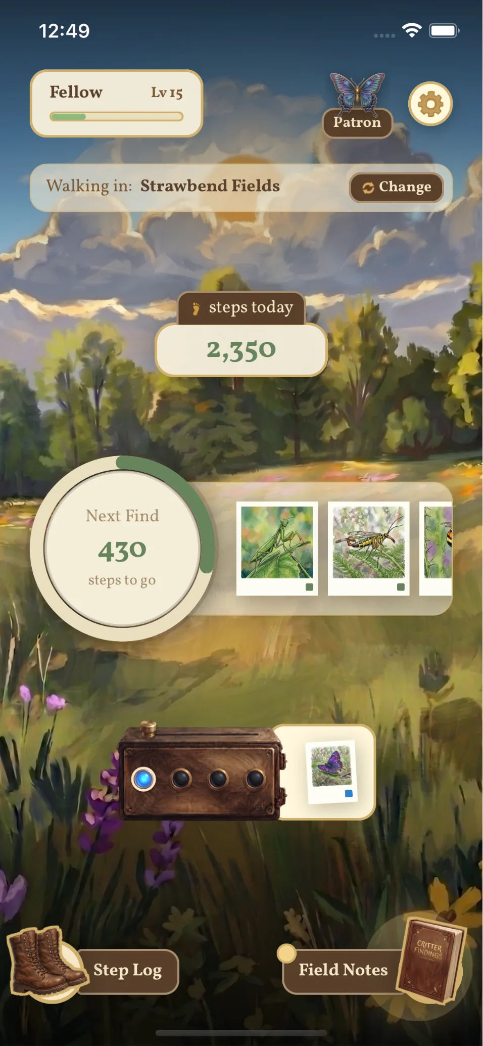 The Little Wings home screen over a hand-painted summer meadow: 2,350 steps today, a dial counting down 430 steps to the next find, and a row of recently discovered critters.