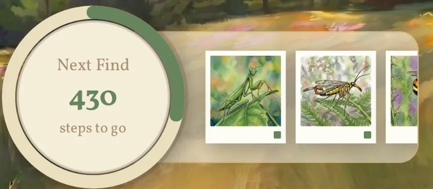 A progress dial reading 430 steps to go until the next find, beside watercolour cards of a praying mantis and a scorpionfly already discovered.