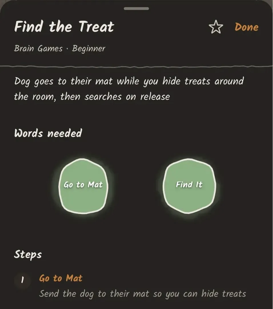 The Find the Treat activity detail showing required words Go to Mat and Find It, step-by-step instructions, and the Brain Games category.