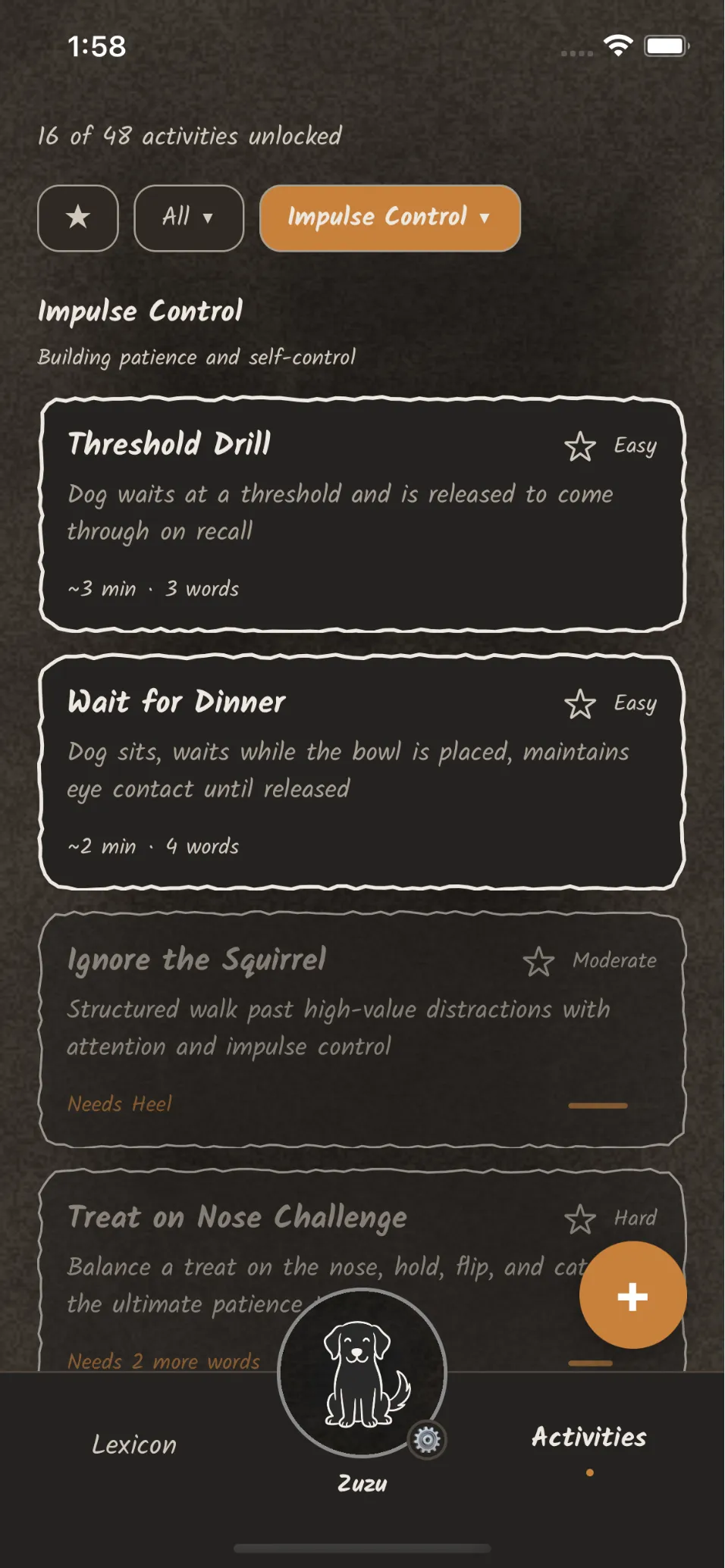 Activities to do together, unlocked by the words you've taught. The activities list filtered to Impulse Control with Threshold Drill, Wait for Dinner, and more.