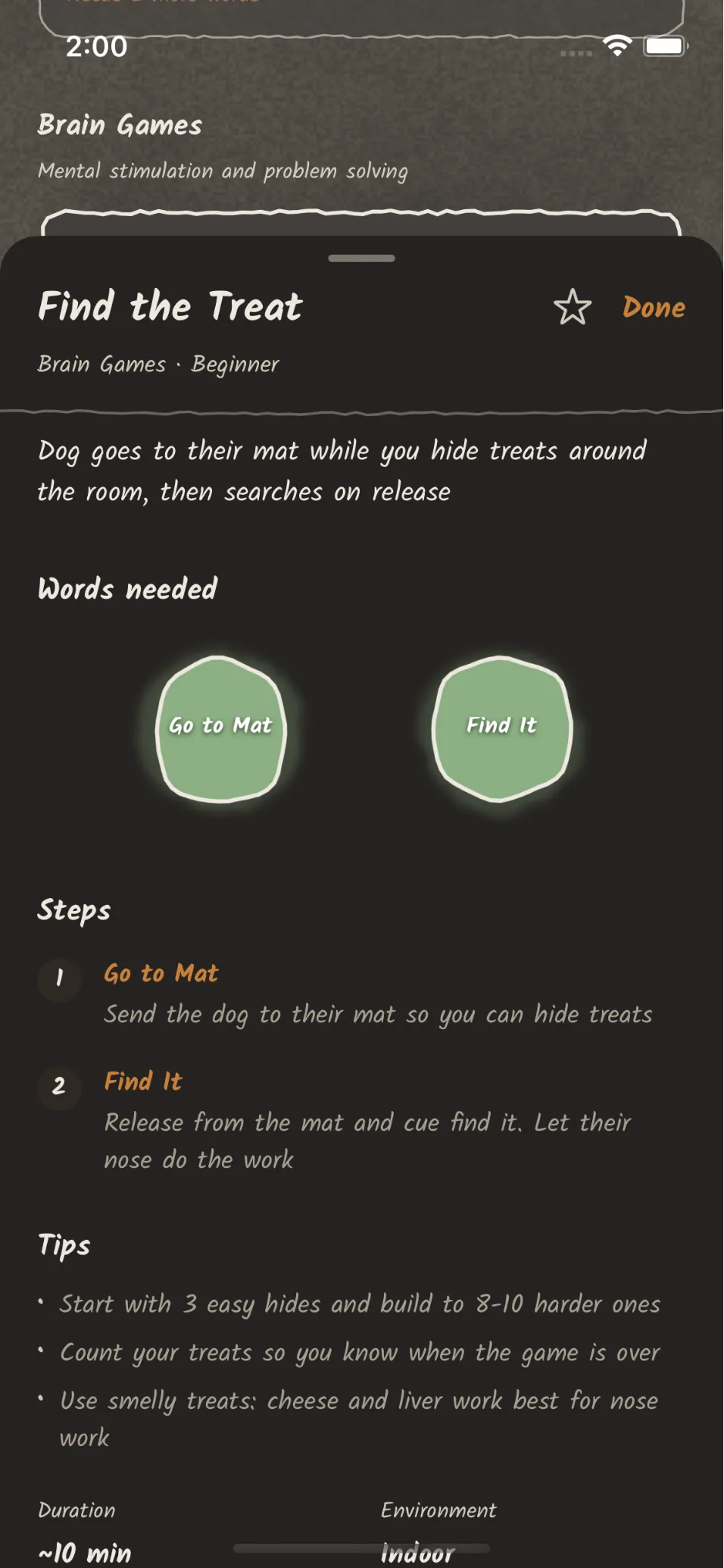 Words become activities. The Find the Treat brain game showing required words and step-by-step instructions.